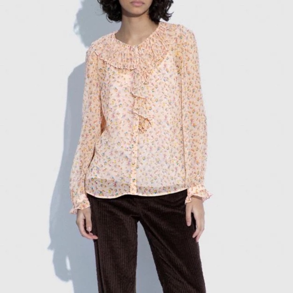 COACH Long Sleeve Pure Silk Sheer Ruffle Detail Blouse Size 10